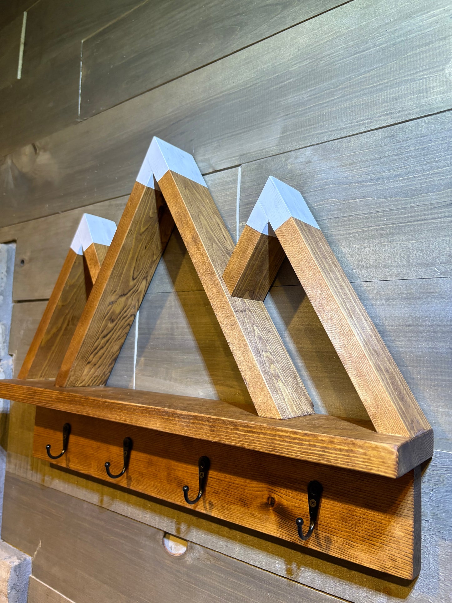 Mountain Key Holder Shelf – Rustic Wall Decor with Hooks