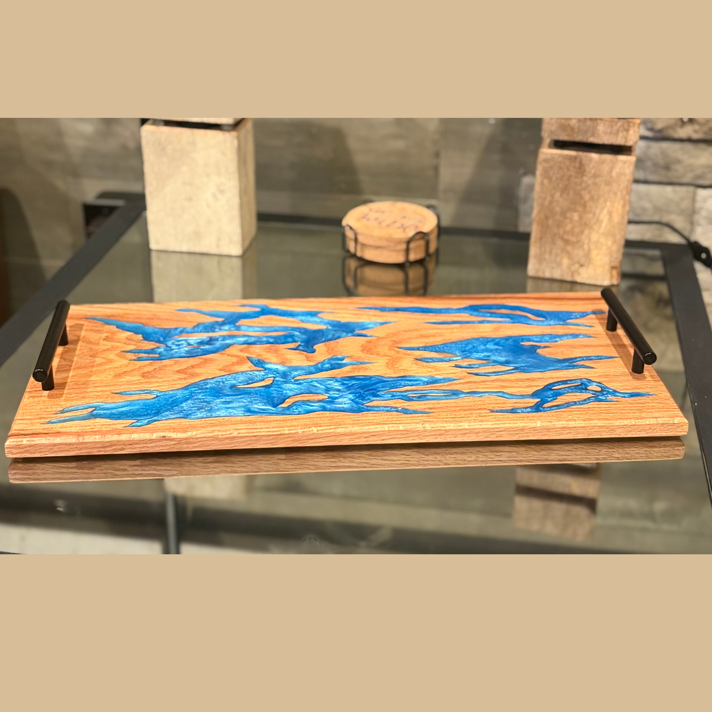 Handcrafted Blue Epoxy Oak Serving Tray with Matte Black Handles