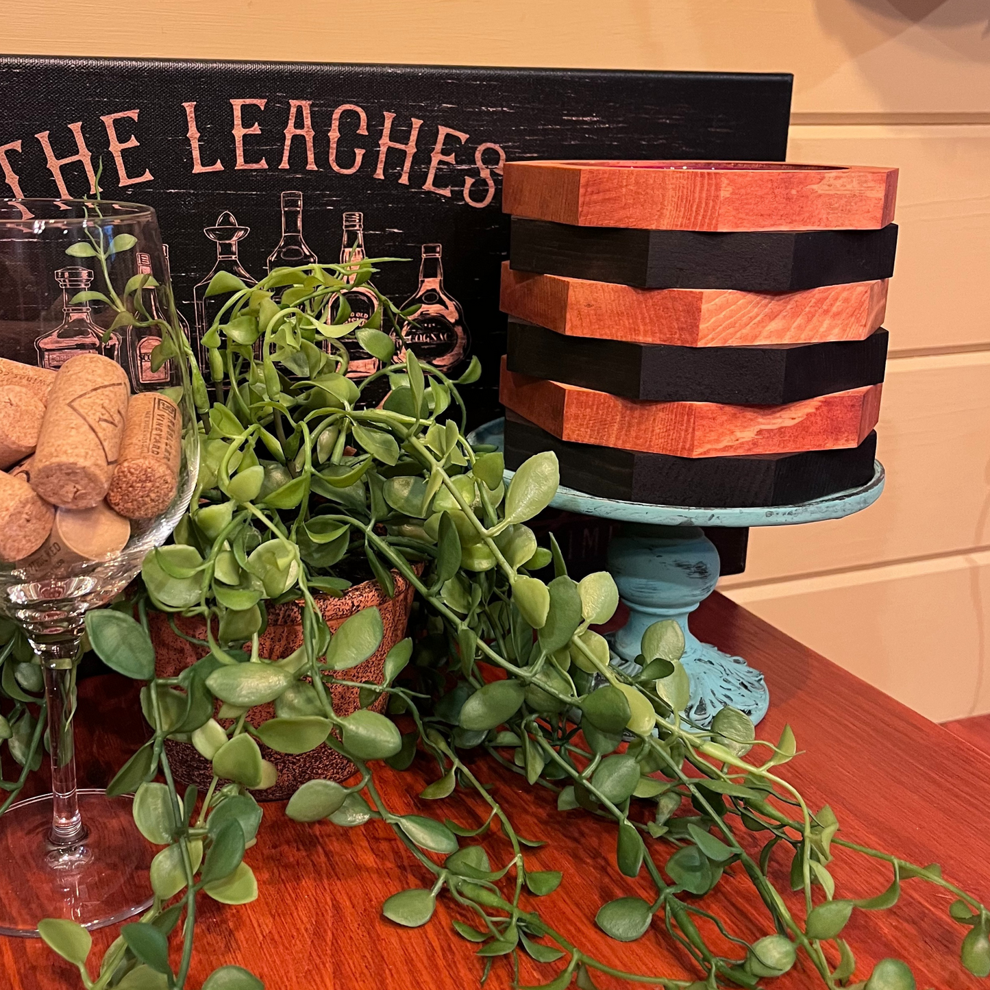 Handcrafted Wooden Candle Holder and Wine Bottle Display - Housewarming Gift - Wedding Gift - Rustic Home Decor