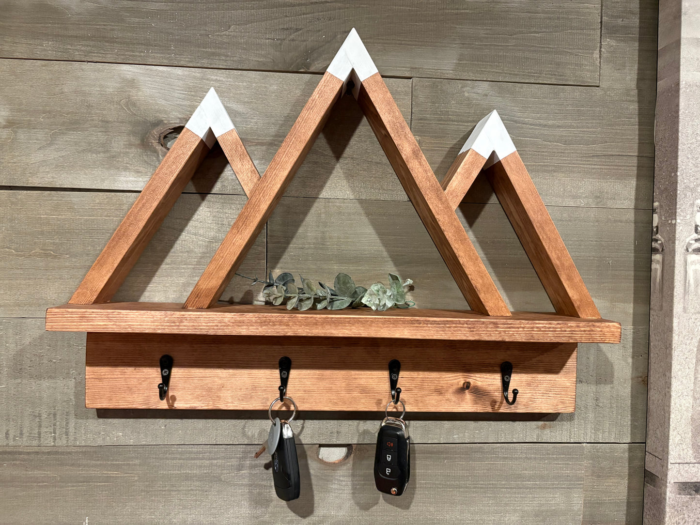 Mountain Key Holder Shelf – Rustic Wall Decor with Hooks