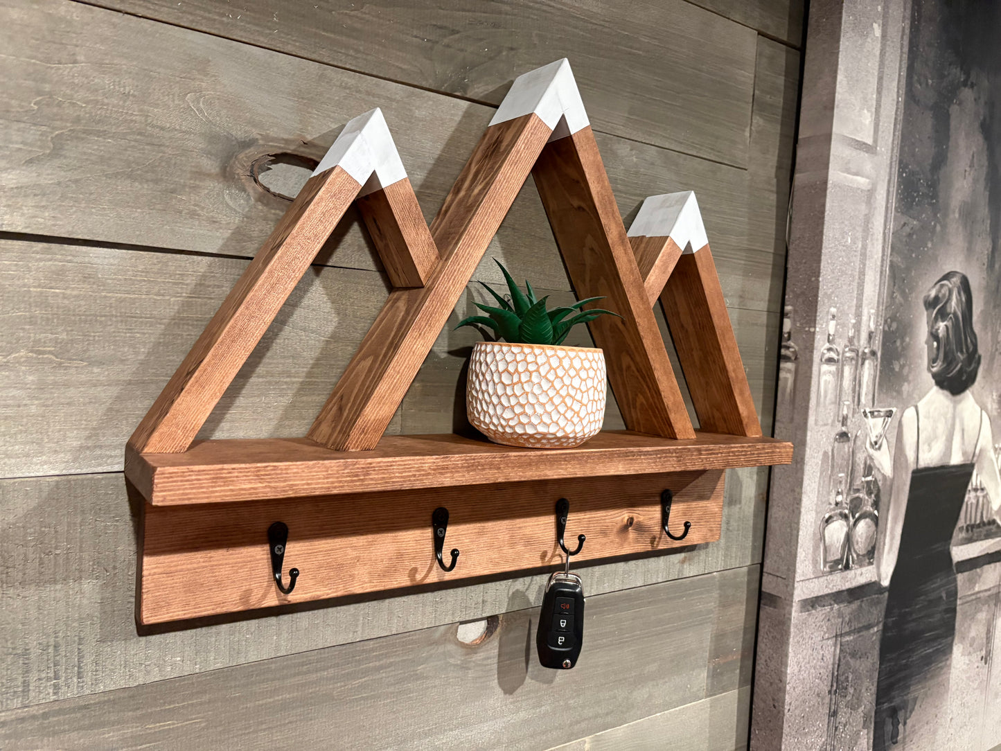 Mountain Key Holder Shelf – Rustic Wall Decor with Hooks