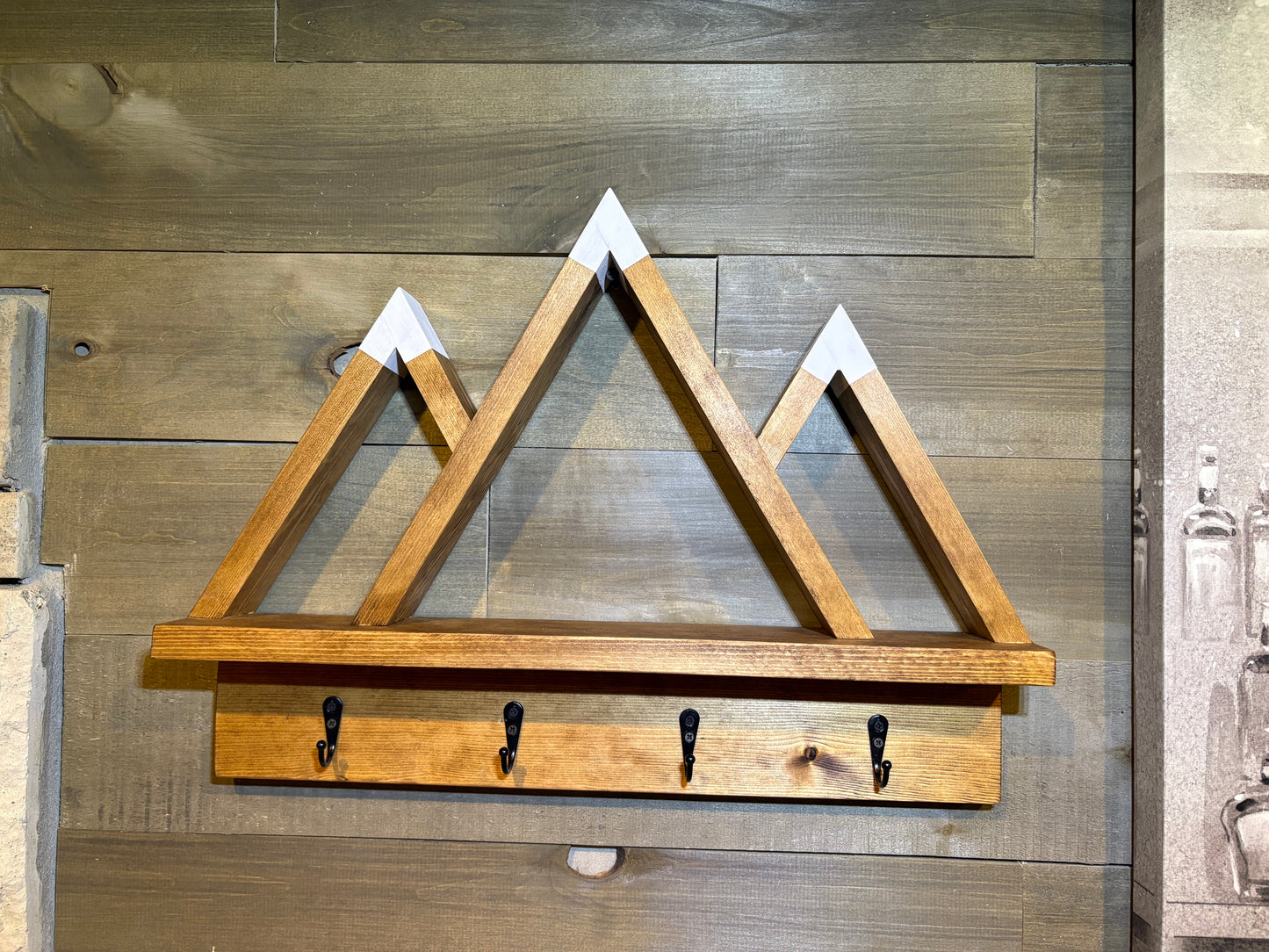 Mountain Key Holder Shelf – Rustic Wall Decor with Hooks
