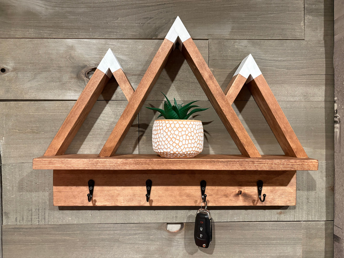 Mountain Key Holder Shelf – Rustic Wall Decor with Hooks