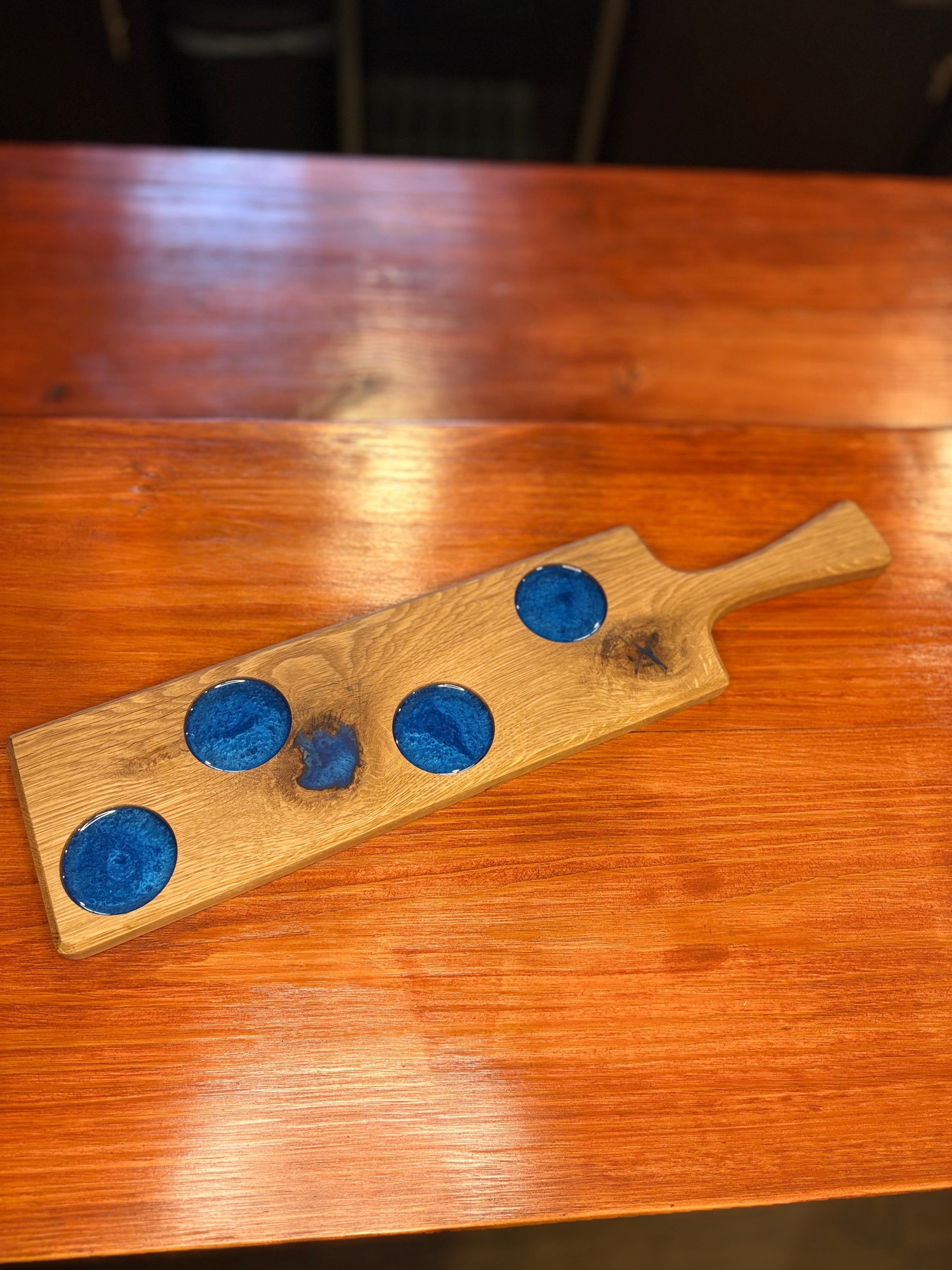 Handcrafted Oak Flight Board with Epoxy Inlay – Optional Pub or Wine Glass Set