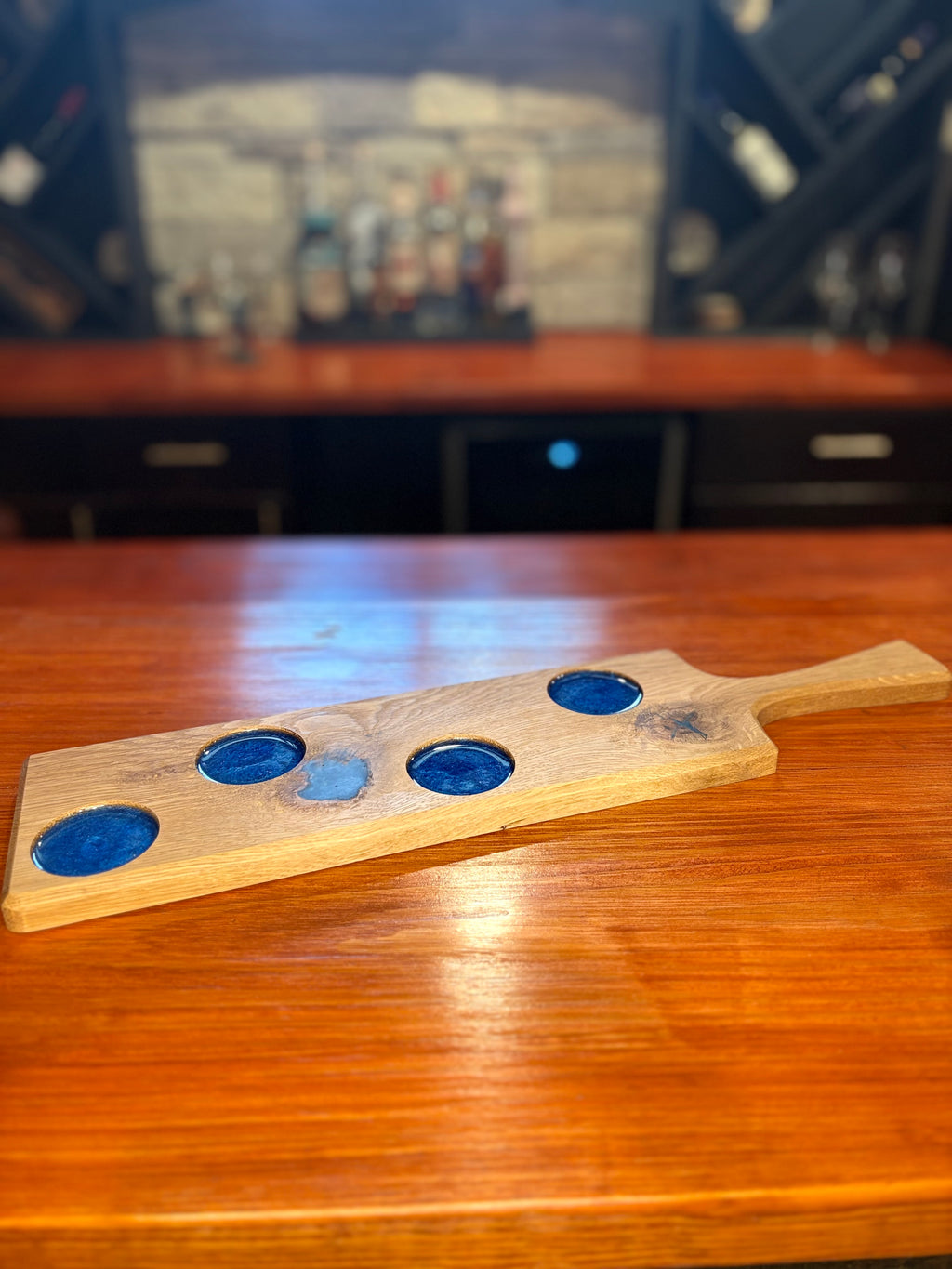 Handcrafted Oak Flight Board with Epoxy Inlay – Optional Pub or Wine Glass Set