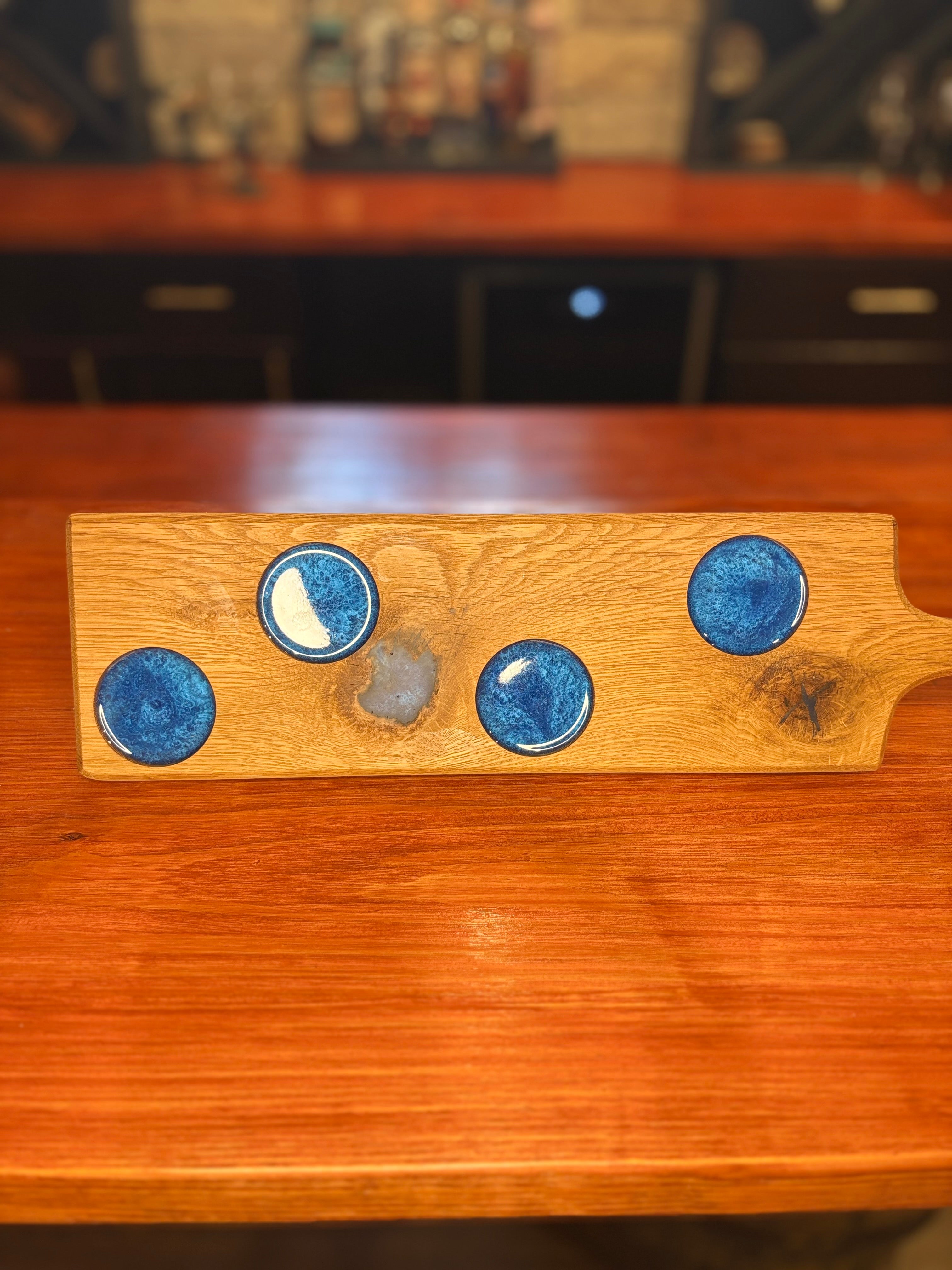 Handcrafted Oak Flight Board with Epoxy Inlay – Optional Pub or Wine Glass Set