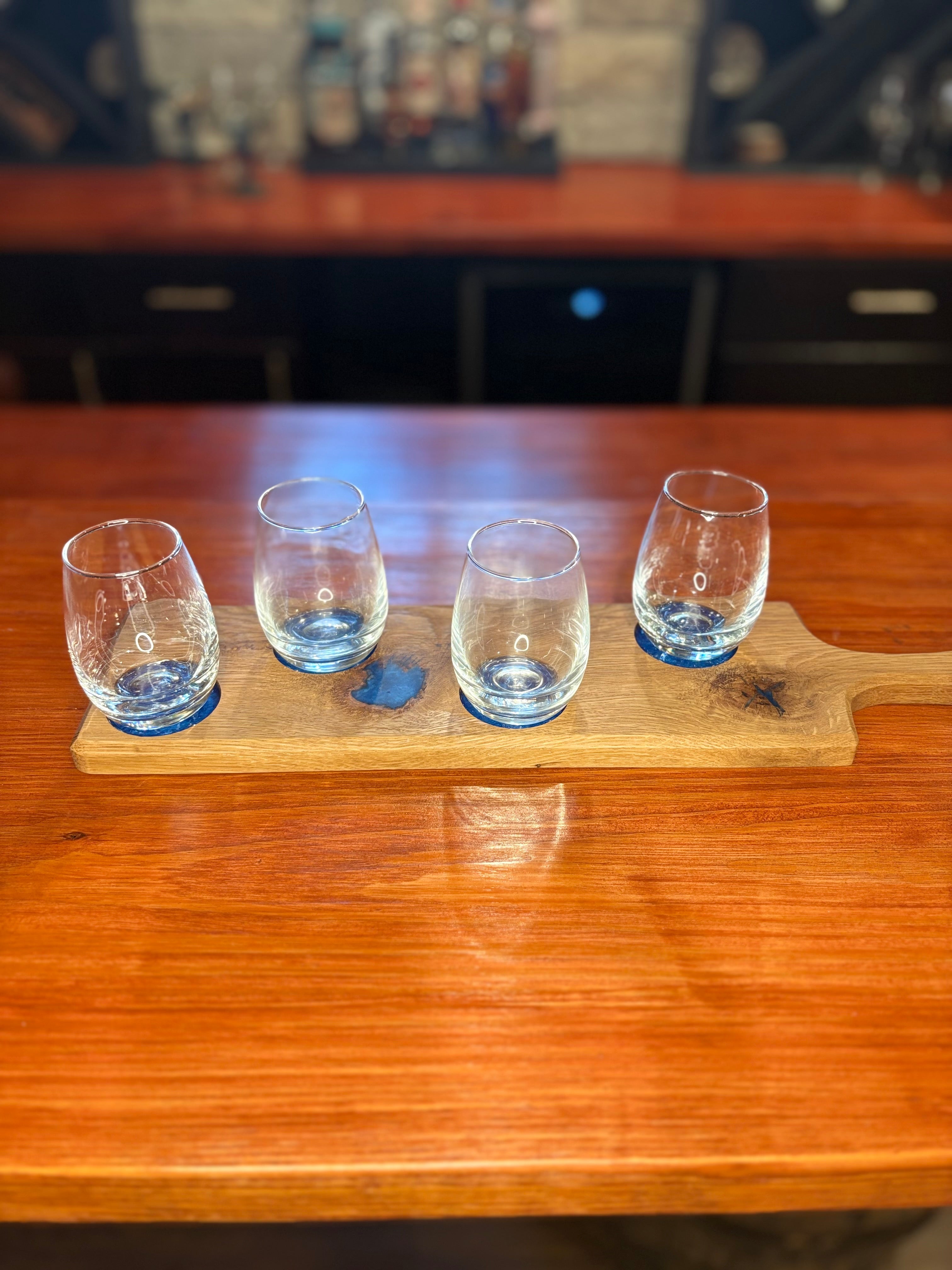 Handcrafted Oak Flight Board with Epoxy Inlay – Optional Pub or Wine Glass Set (Copy) (Copy)