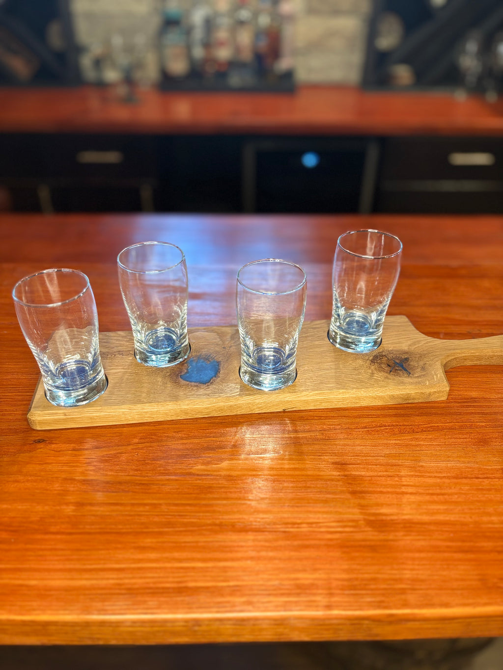 Handcrafted Oak Flight Board with Epoxy Inlay – Optional Pub or Wine Glass Set