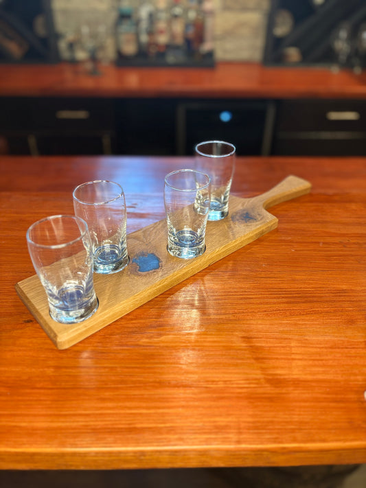 Handcrafted Oak Flight Board with Epoxy Inlay – Optional Pub or Wine Glass Set