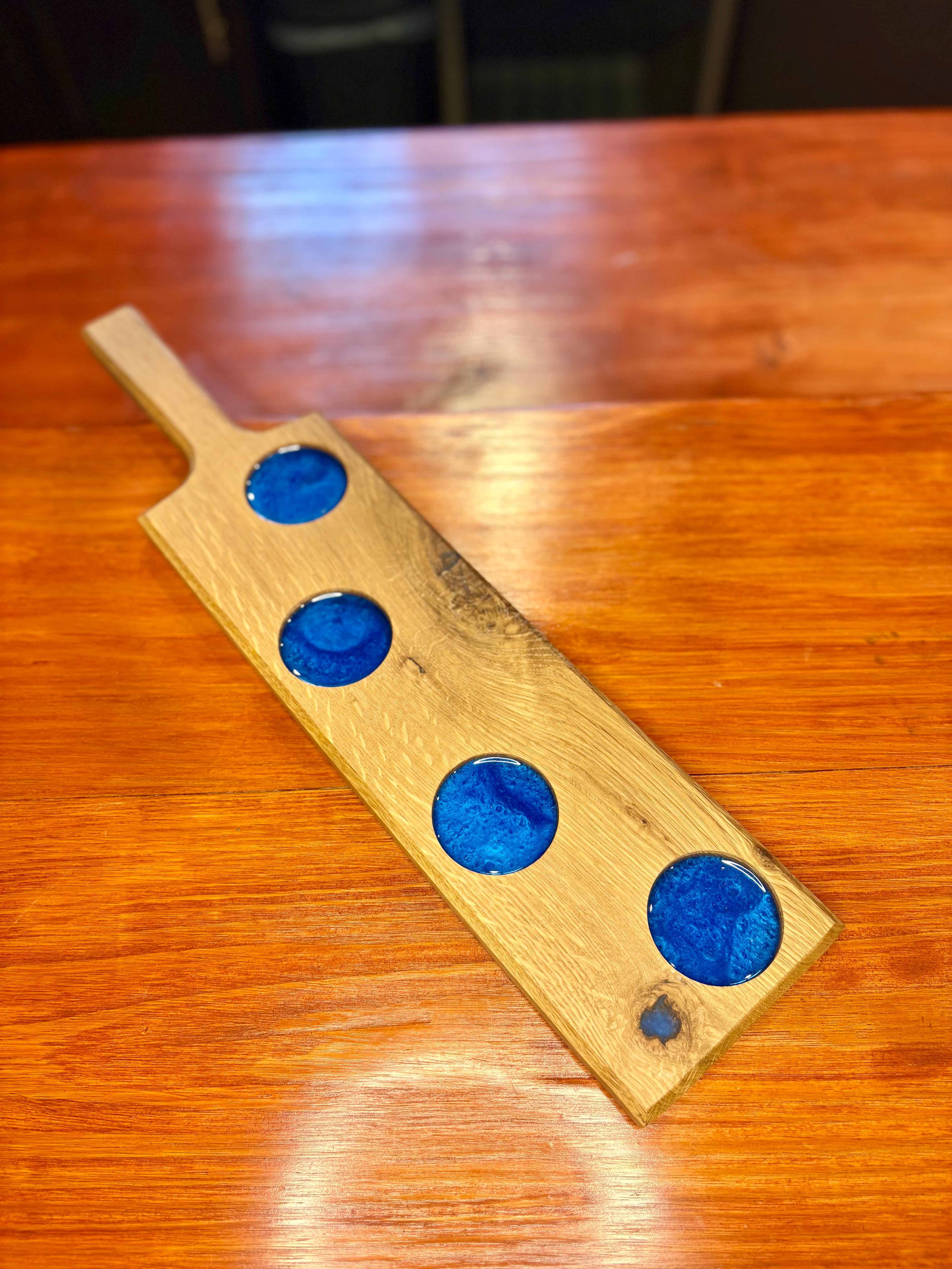 Handcrafted Oak Flight Board with Epoxy Inlay – Optional Pub or Wine Glass Set (Copy) (Copy)