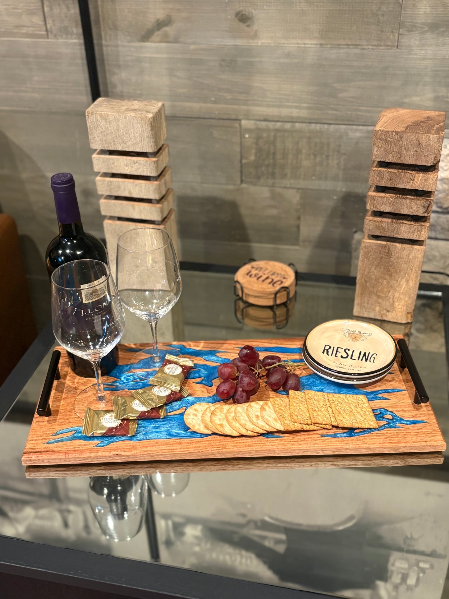 Handcrafted Blue Epoxy Oak Serving Tray with Matte Black Handles