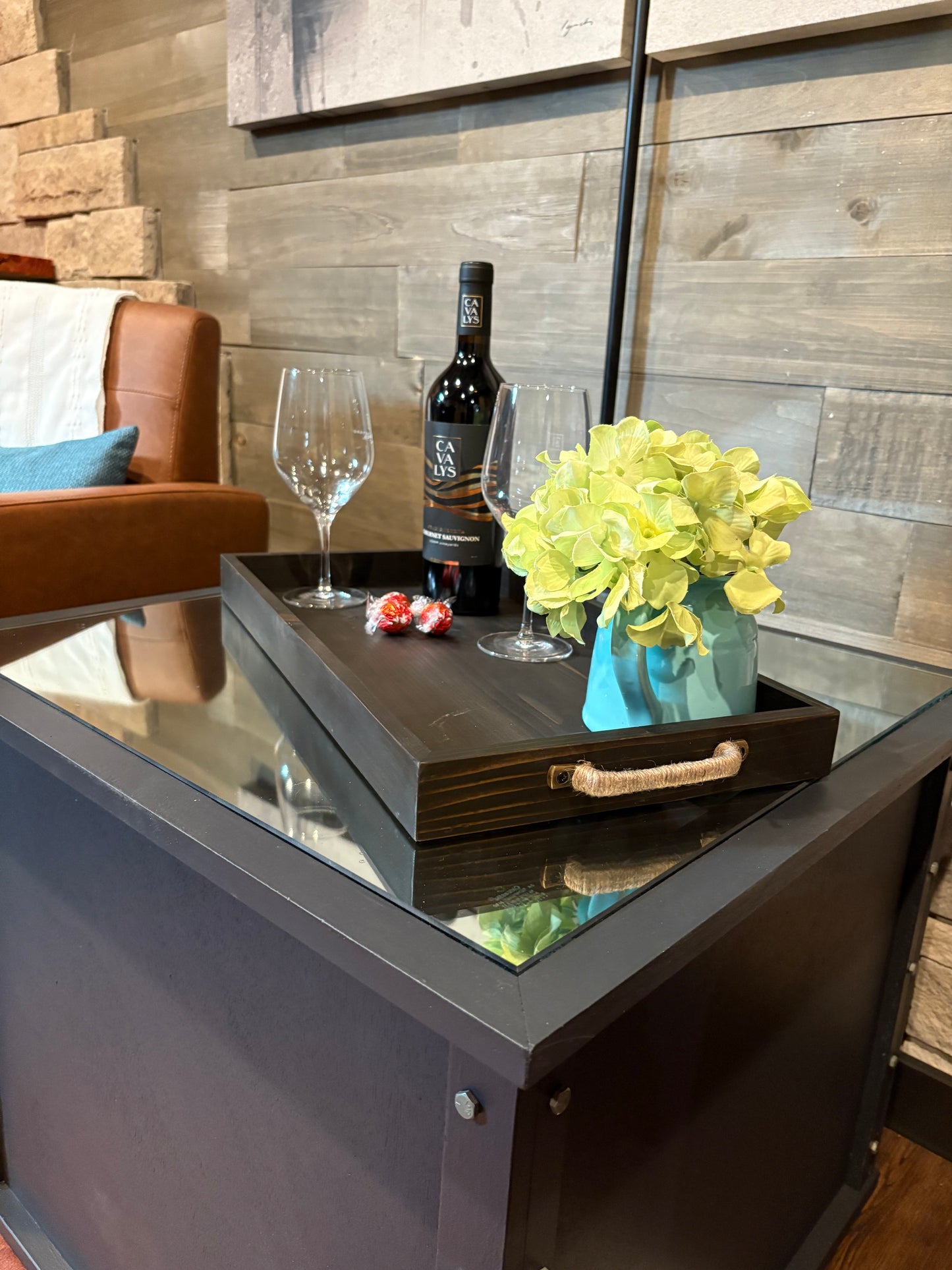 Handcrafted Wooden Handle Tray – Custom Stain Options | 11x21x1.75 inches