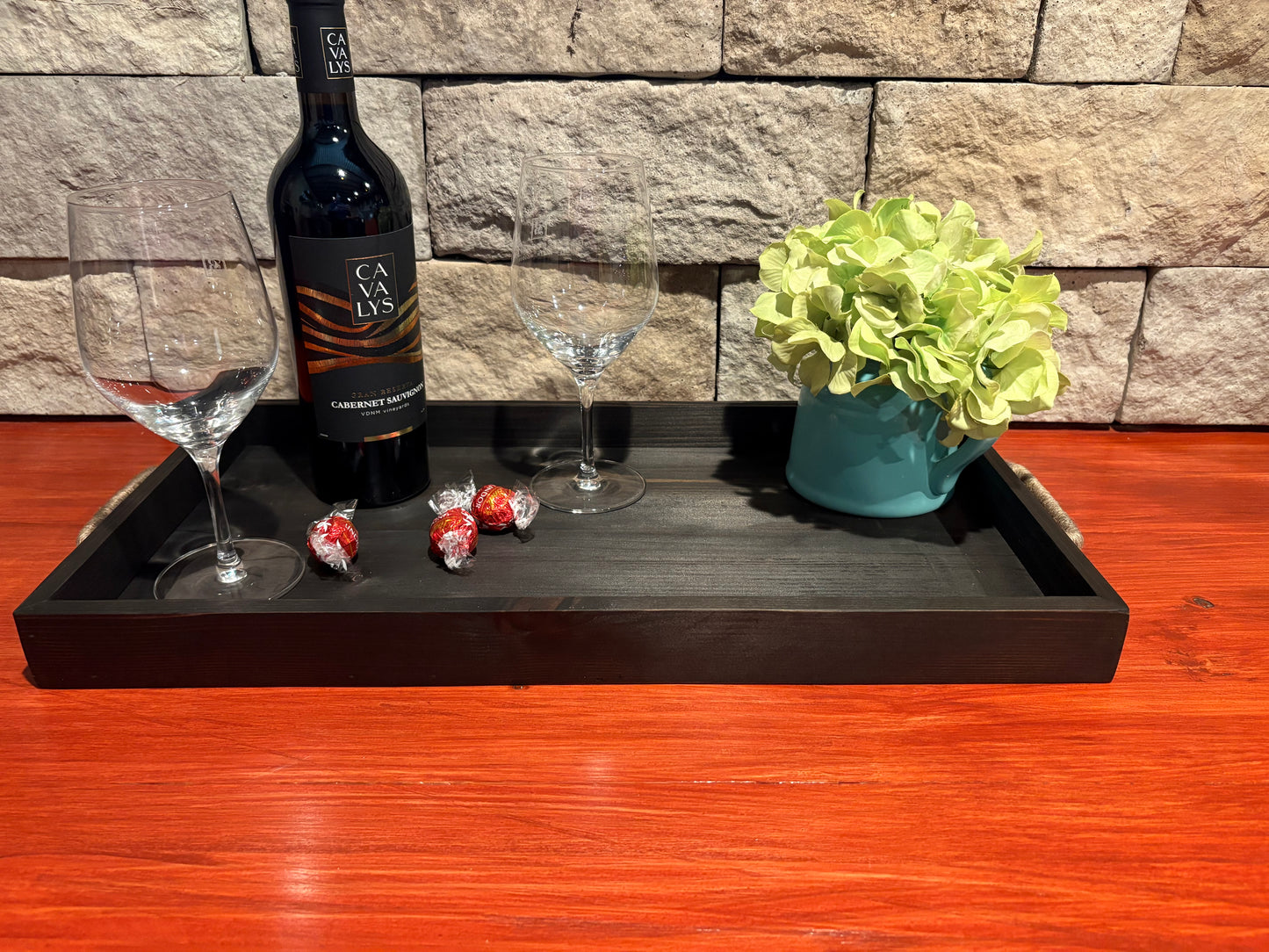 Handcrafted Wooden Handle Tray – Custom Stain Options | 11x21x1.75 inches