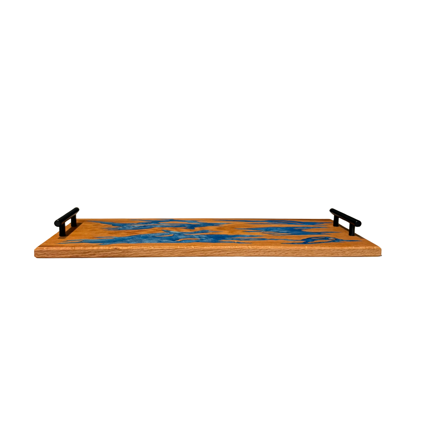 Handcrafted Blue Epoxy Oak Serving Tray with Matte Black Handles
