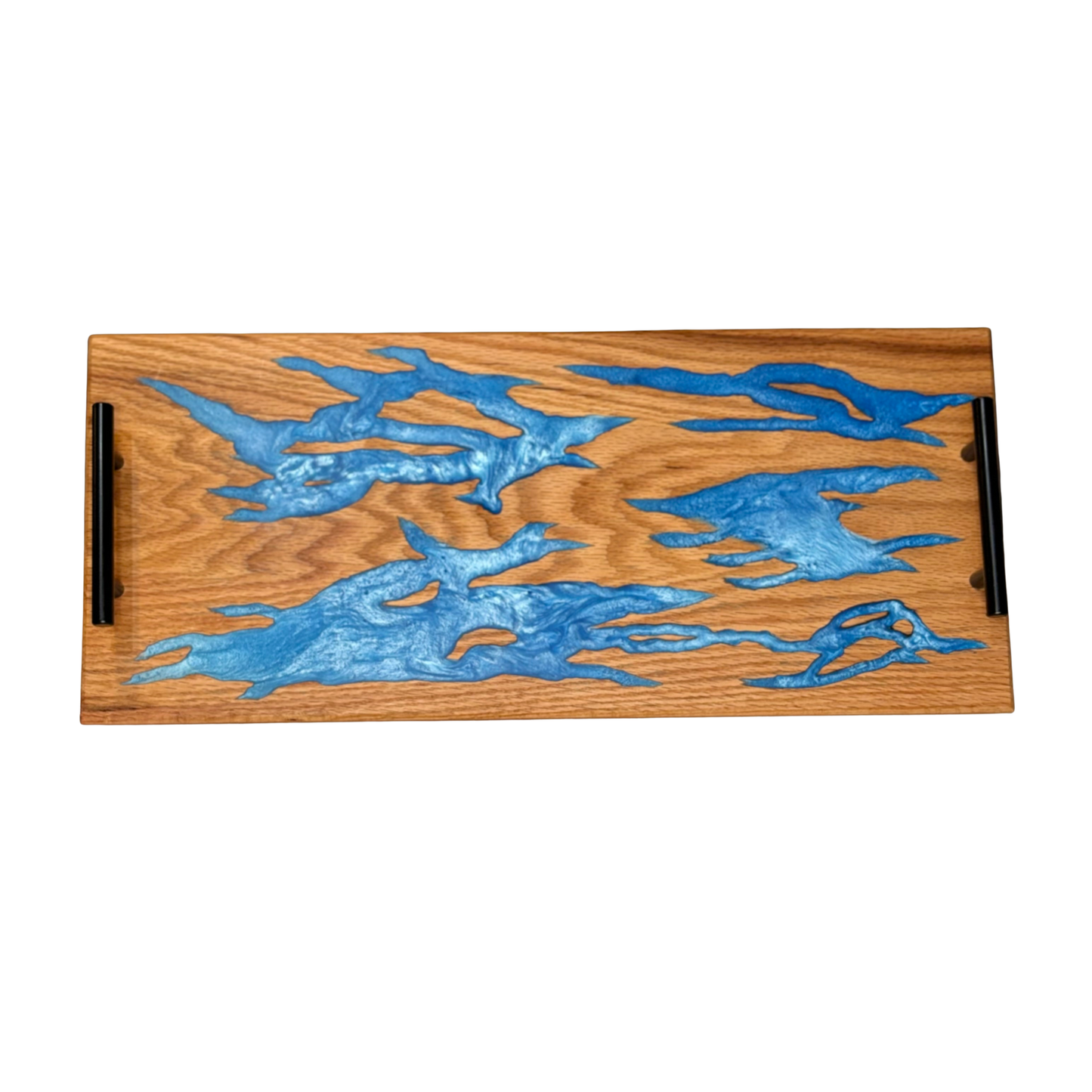 Handcrafted Blue Epoxy Oak Serving Tray with Matte Black Handles