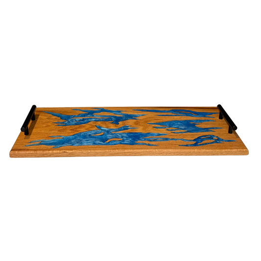 Handcrafted Blue Epoxy Oak Serving Tray with Matte Black Handles