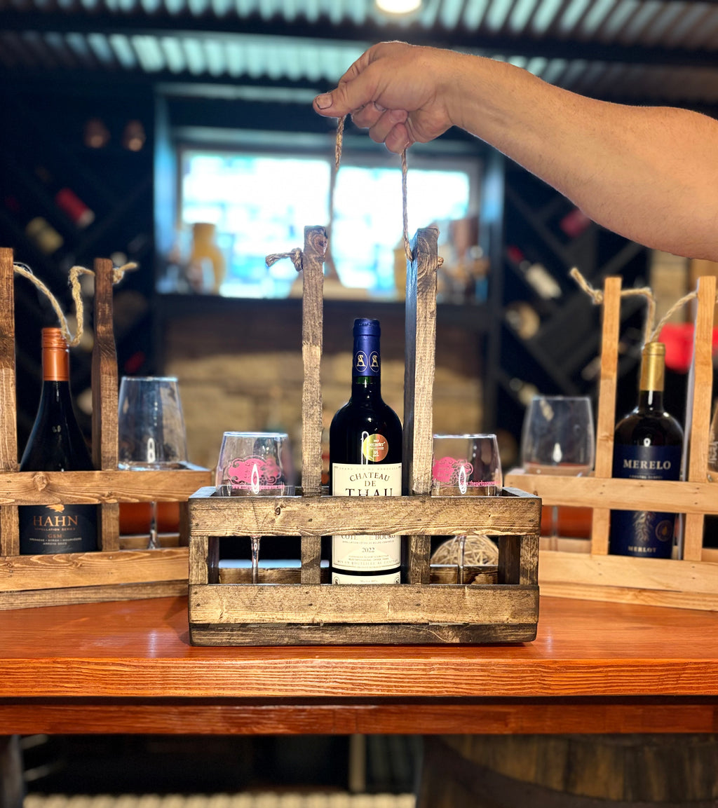 Rustic Wooden Wine Caddy Gift | Wine Bottle & Glass Holder | Wine Gift for Couples, Weddings, Housewarming