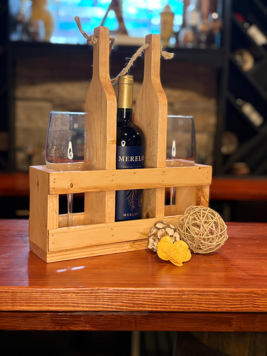 Rustic Wooden Wine Caddy Gift | Wine Bottle & Glass Holder | Wine Gift for Couples, Weddings, Housewarming