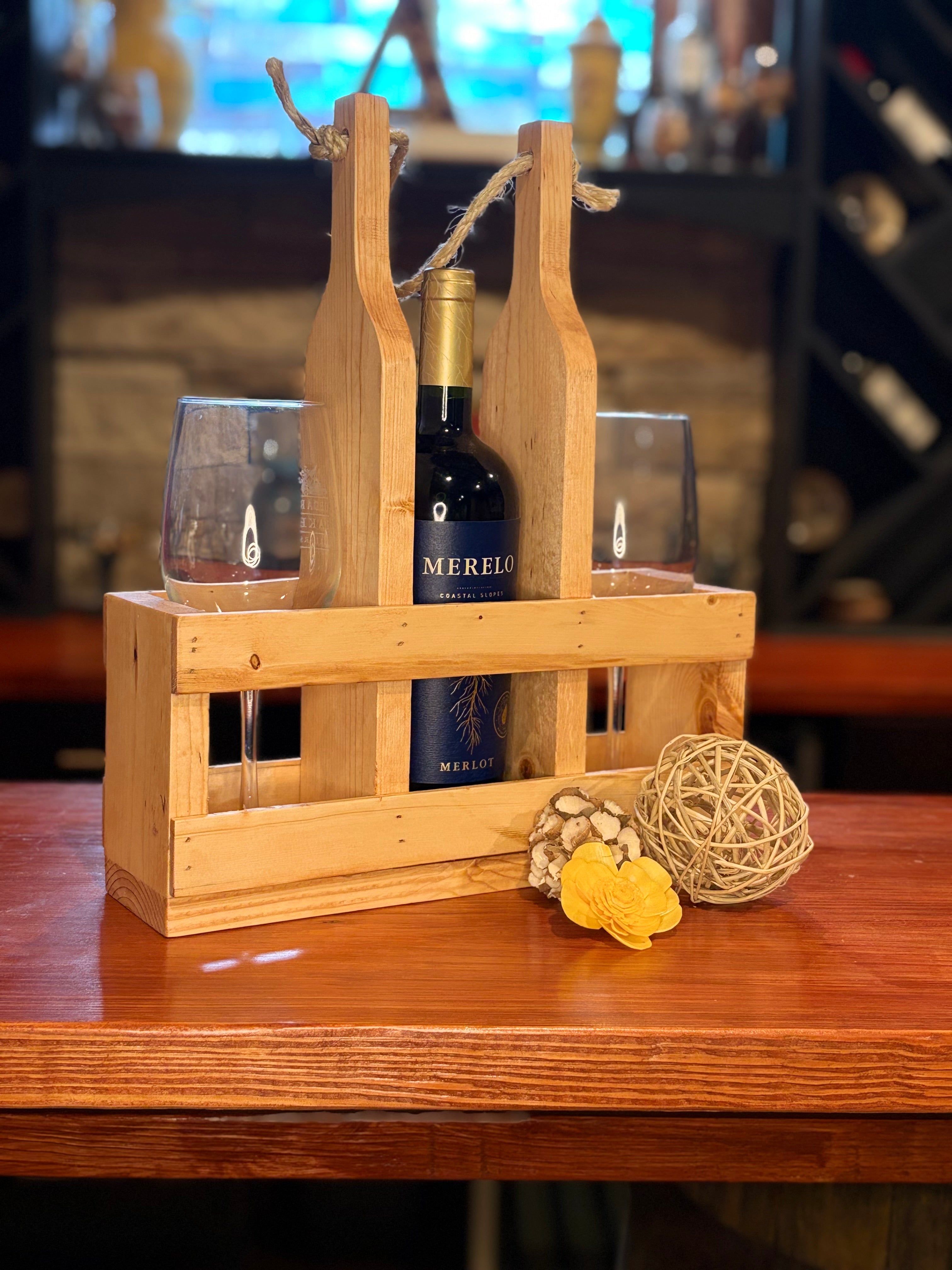 Rustic Wooden Wine Caddy Gift | Wine Bottle & Glass Holder | Wine Gift for Couples, Weddings, Housewarming