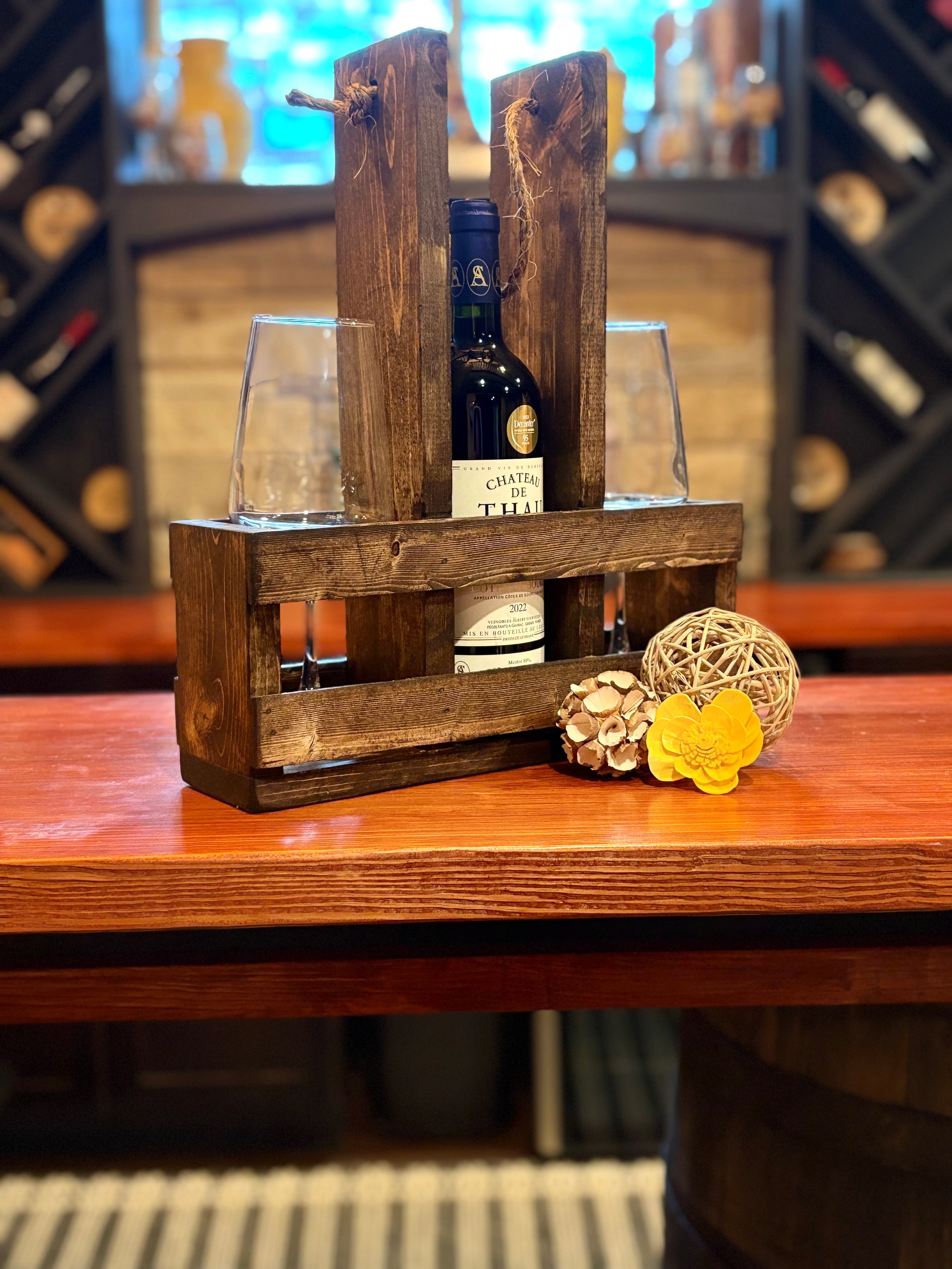 Rustic Wooden Wine Caddy Gift | Wine Bottle & Glass Holder | Wine Gift for Couples, Weddings, Housewarming