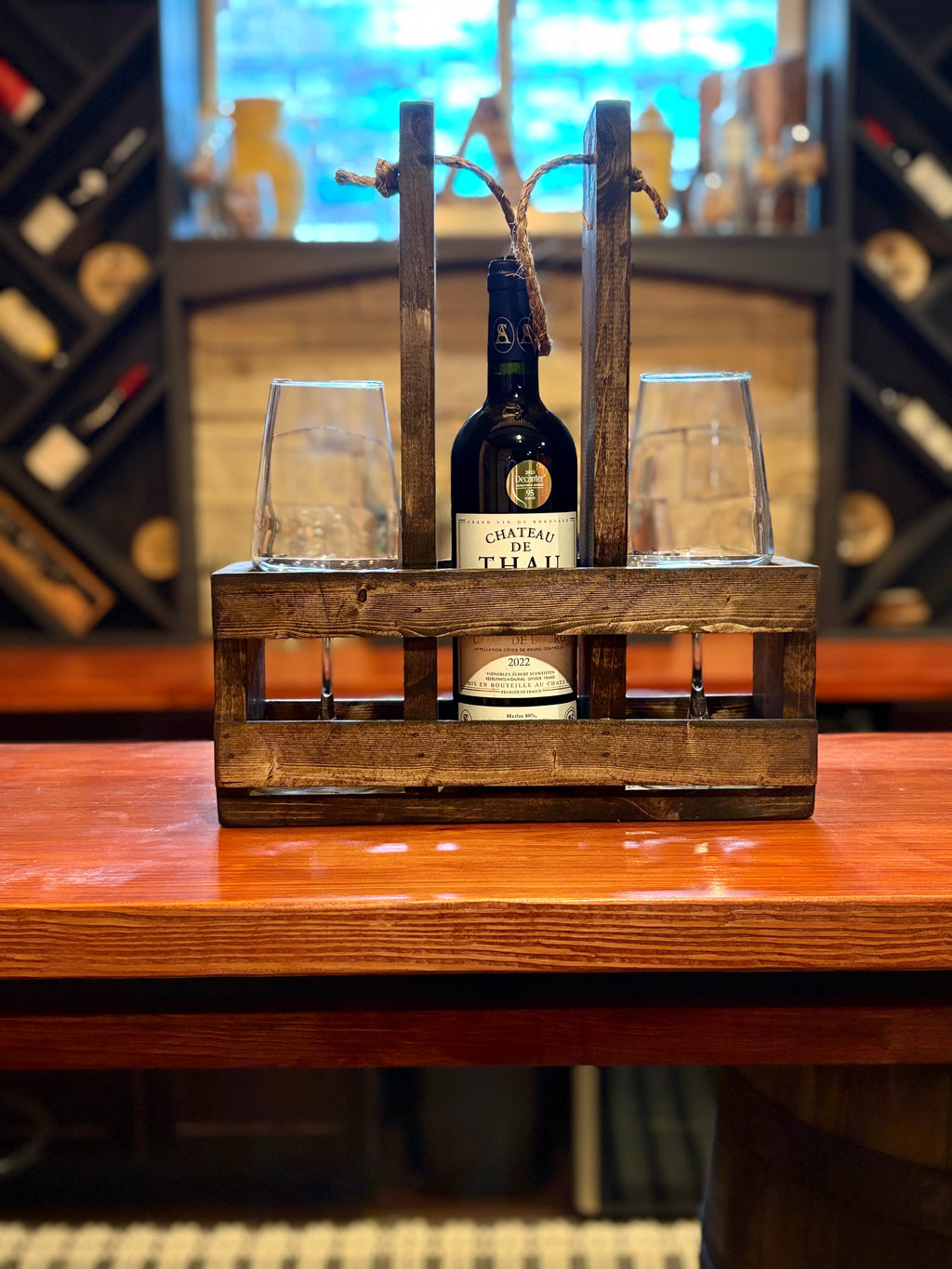 Rustic Wooden Wine Caddy Gift | Wine Bottle & Glass Holder | Wine Gift for Couples, Weddings, Housewarming