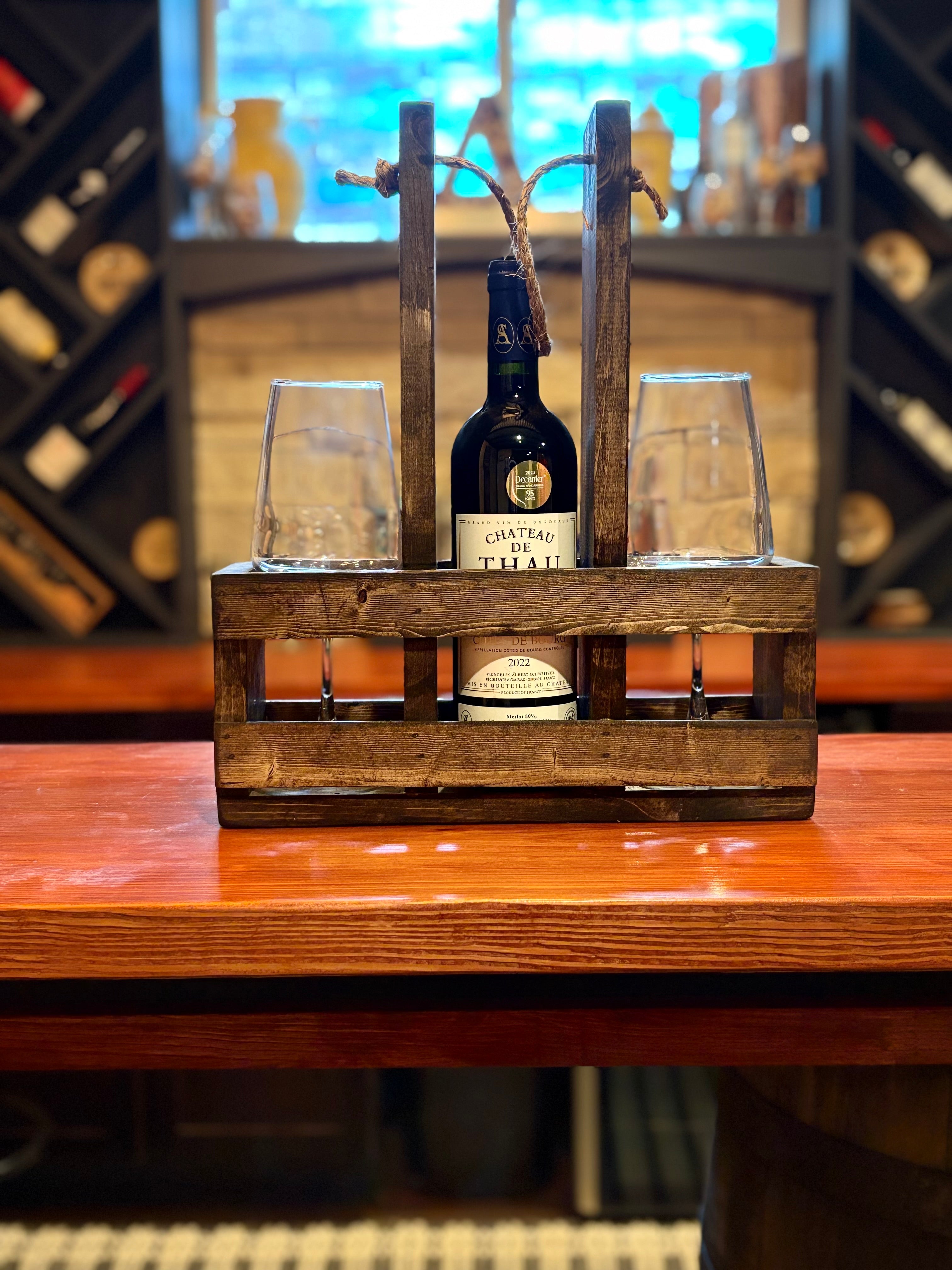 Rustic Wooden Wine Caddy Gift | Wine Bottle & Glass Holder | Wine Gift for Couples, Weddings, Housewarming