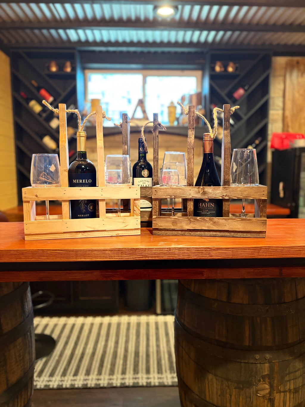Rustic Wooden Wine Caddy Gift | Wine Bottle & Glass Holder | Wine Gift for Couples, Weddings, Housewarming