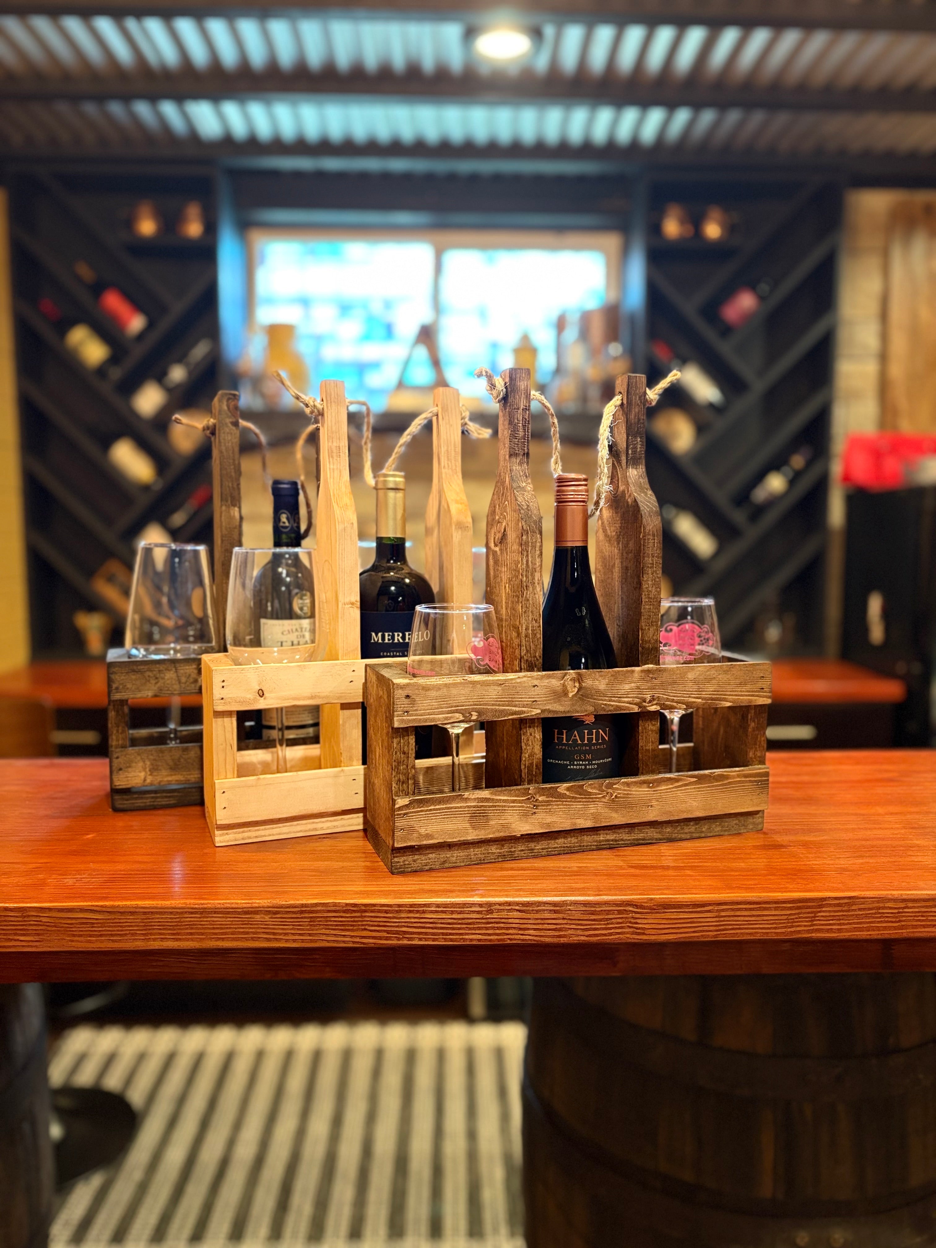 Rustic Wooden Wine Caddy Gift | Wine Bottle & Glass Holder | Wine Gift for Couples, Weddings, Housewarming