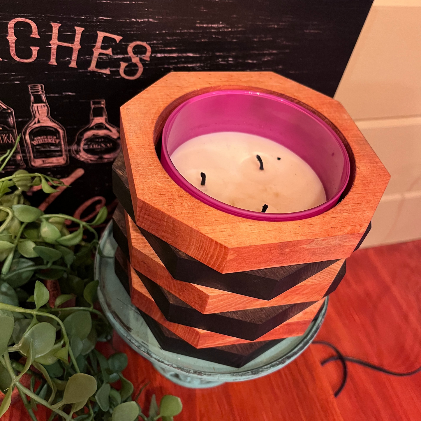 Handcrafted Wooden Candle Holder and Wine Bottle Display - Housewarming Gift - Wedding Gift - Rustic Home Decor