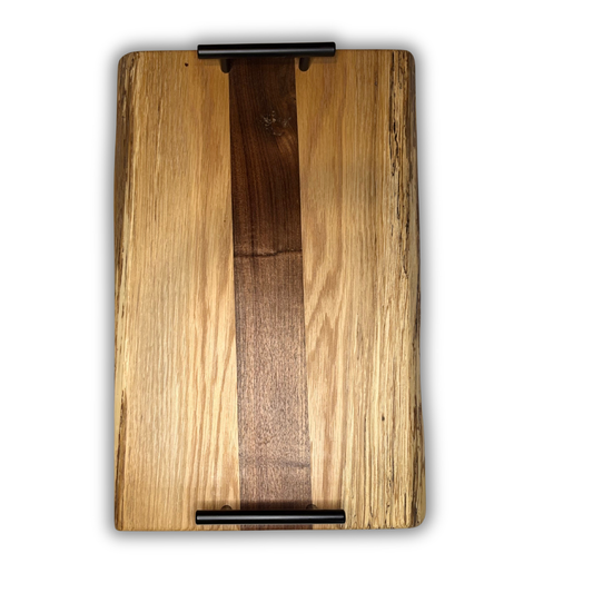 Oak & Walnut Serving Tray with Black Handle