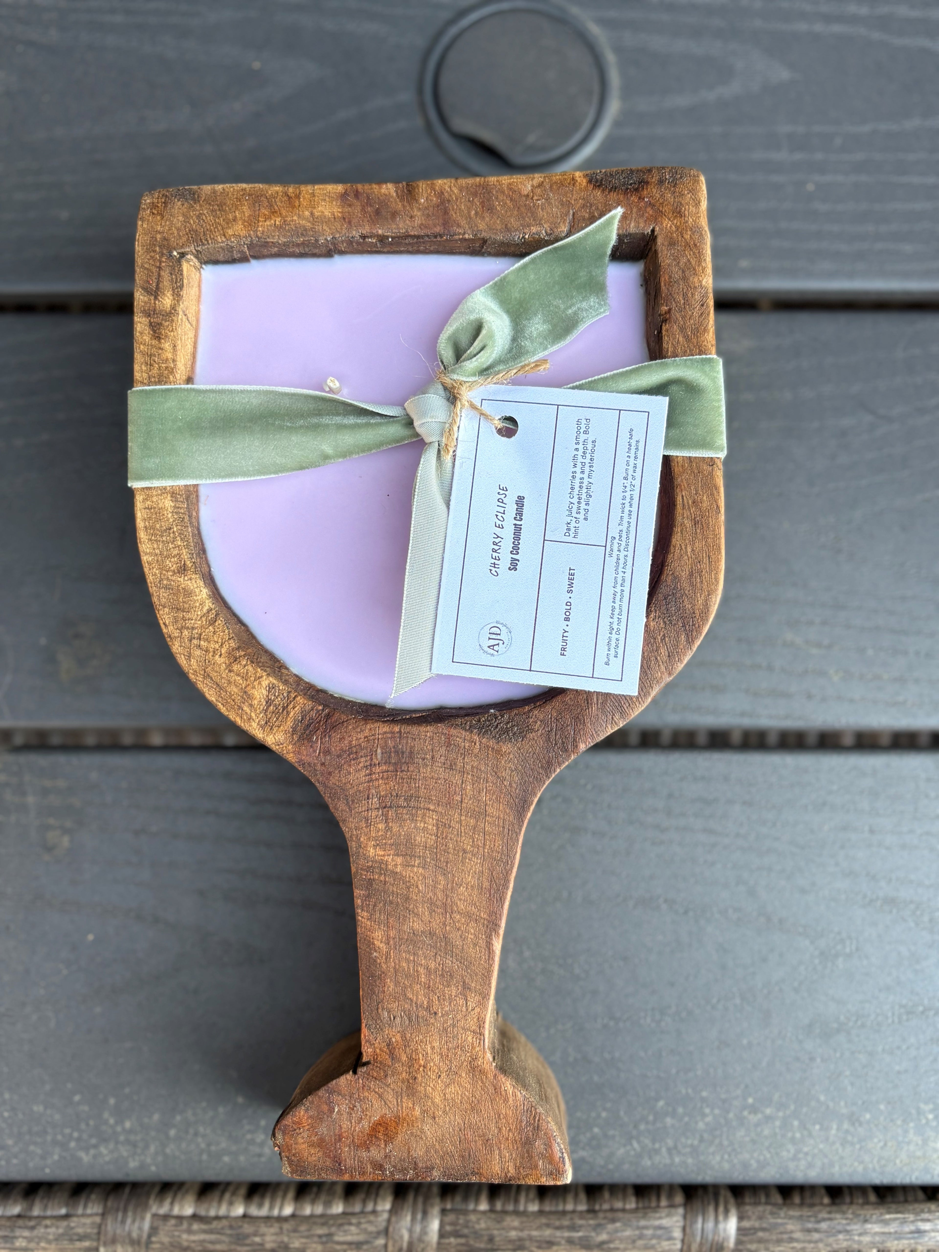 Rustic Wooden Wine Goblet Candle | Coconut Soy Wax | Hand-Poured Dough Bowl Candle